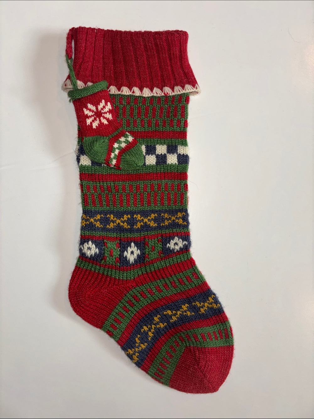 Wool Red & Green Knit Holiday Stocking with Mini Sock Ornament
